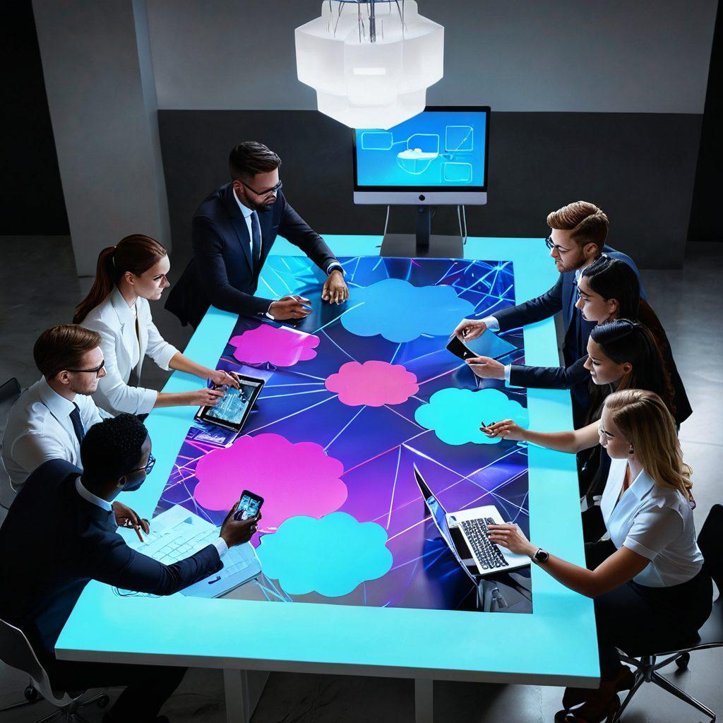 A dynamic scene featuring a diverse group of professionals brainstorming around a high-tech table filled with digital devices and holograms, showcasing innovative ideas in the strategy process. Incorporate elements of teamwork, creativity, and technology, with bright colors symbolizing energy and inspiration flowing through the environment. super-realistic. vibrant colors. white background.