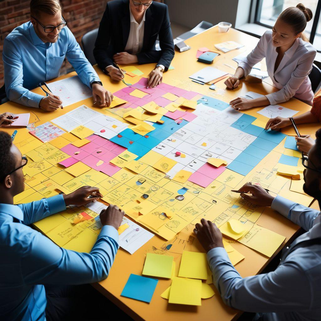 A visually engaging conference scene depicting a diverse group of professionals collaborating over a large blueprint on an expansive table, with dynamic post-it notes and innovative tech tools scattered around. A backdrop of charts showcasing progress and success, and inspirational quotes floating in the air. Symbolic elements like keys and locks subtly integrated to represent unlocking success. super-realistic. vibrant colors. 3D.