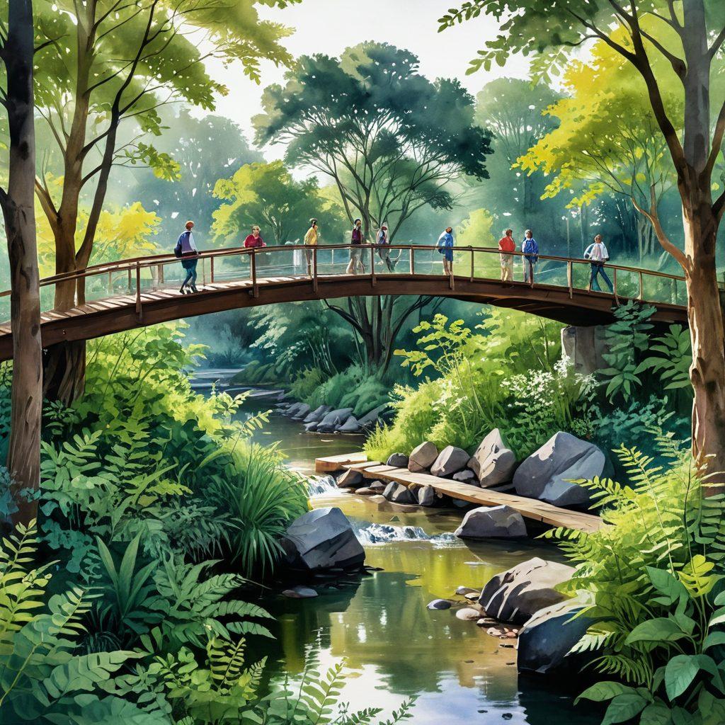 A stunning landscape showcasing a variety of interconnected ecosystems, with diverse wildlife and vegetation symbolizing integrated development. A focus on a vibrant bridge connecting different habitats, representing collaboration and growth. Soft sunlight filtering through a canopy of trees, highlighting the harmony between nature and sustainable development. Include elements that depict community engagement, like people of different backgrounds working together. watercolor painting. vibrant colors.